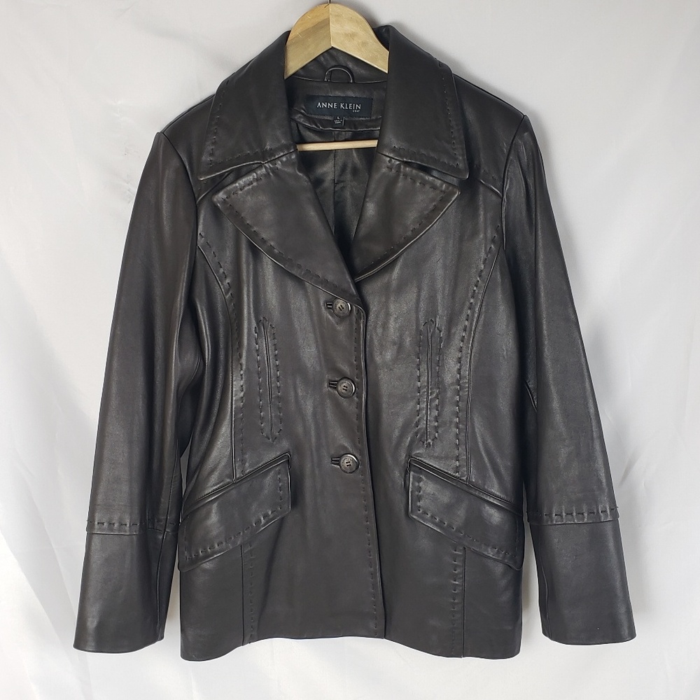 Anne Klein brown button up leather jacket sz large